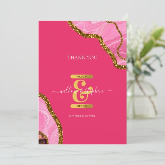 Roze en goudgrijze geode bruistode bedankkaart (Staand voorkant)