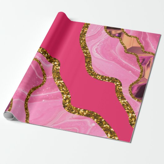 Roze en goudgrijze geode glitter cadeaupapier (Uitgerold)