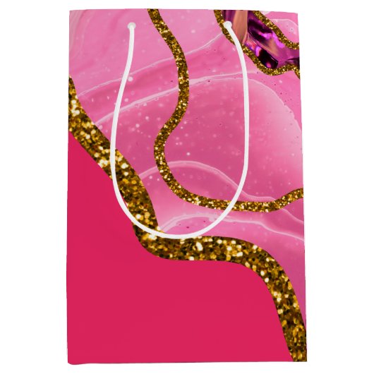 Roze en goudgrijze geode glitter medium cadeauzakje (Voorkant)