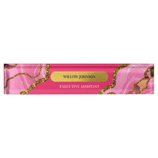 Roze en goudgrijze geode glitter naambordje (Voorkant)