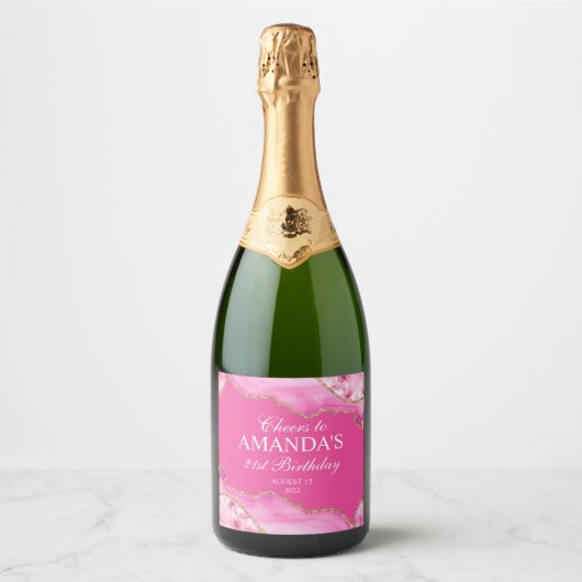Roze en goudgrijze marmer sparkling wijnetiket (Voorkant)