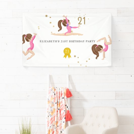 Roze en goudgymnastiek 21ste verjaardag spandoek (Insitu)