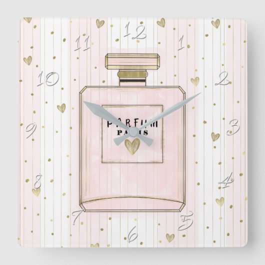 Roze en goudharten Parijs Parfum Chic-Mode Vierkante Klok (Voorkant)