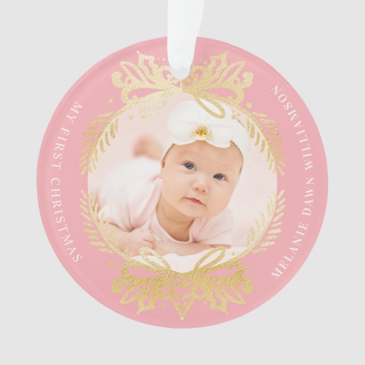 roze en goudkleuren | Eerste Kerstmis baby Ornament (voorkant)