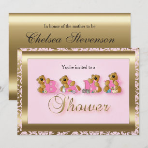Roze en goudkleurig met Teddy Bears   BABY SHOWER Kaart