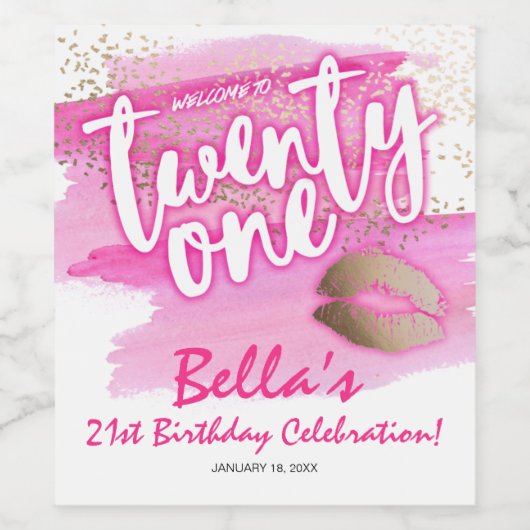 Roze en goudkleurige 21ste Birthday Wine Labels Wijn Etiket (Enkel label)