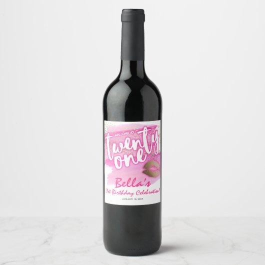 Roze en goudkleurige 21ste Birthday Wine Labels Wijn Etiket (Voorkant)