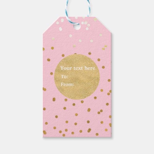 Roze en goudkleurige Confetti Stippen Moderne Cadeaulabel (Voorkant)