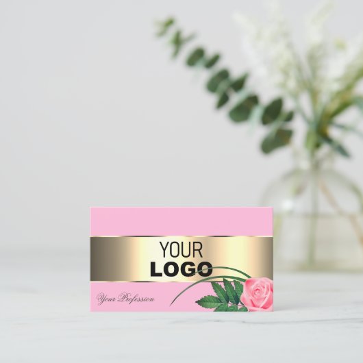 Roze en goudkleurige Roos met Logo Visitekaartje (Staand voorkant)