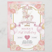 Roze en goudmakreel Carousel Birthday Kaart (Voorkant / Achterkant)