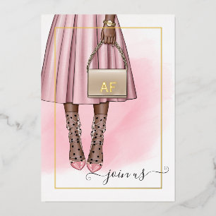 Roze en goudmonogram Chic Quinceañera Folie Uitnodiging