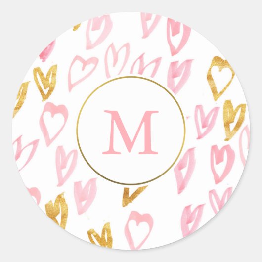 Roze en goudmonogram hartstickers ronde sticker (Voorkant)