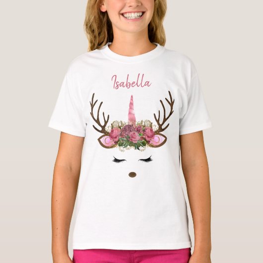 Roze en goudmonogram kerst Unicorn Reindester T-shirt (Voorkant)