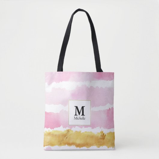 Roze en goudmonogram Striped Canvas tas (Voorkant)