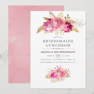 Roze en goudRozen Waterverf Bridesmaids Luncheon Kaart