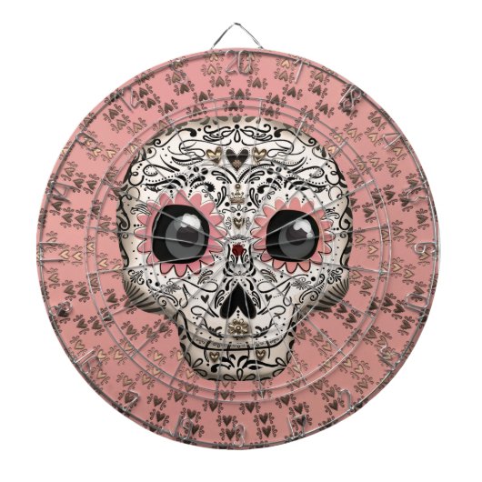 Roze en goudsuiker schedel en geluid dartbord (Voorkant)