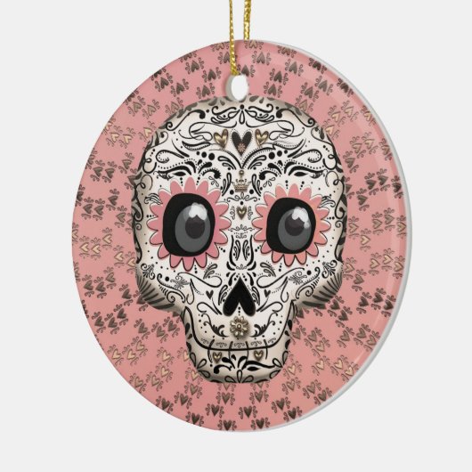 Roze en goudsuiker schedel en geluid keramisch ornament (Links)