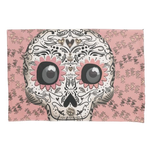 Roze en goudsuiker schedel en geluid kussensloop (Voorkant)
