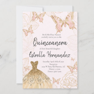 Roze en goudvlinder Quinceanera Uitnodiging