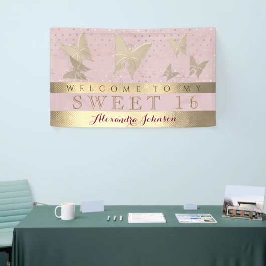 Roze en goudzoete 16-jarige verjaardag spandoek (Beurs)