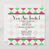 Roze en Green Argyle Birthday Uitnodiging