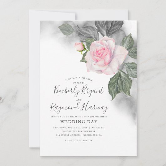 Roze en Grijs Bloemen Waterverf Elegante Bruiloft Kaart (Voorkant)