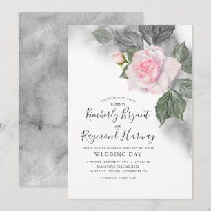 Roze en Grijs Bloemen Waterverf Elegante Bruiloft Kaart