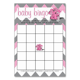 Roze en Grijs Chevron Olifant Baby shower Bingo Kaart