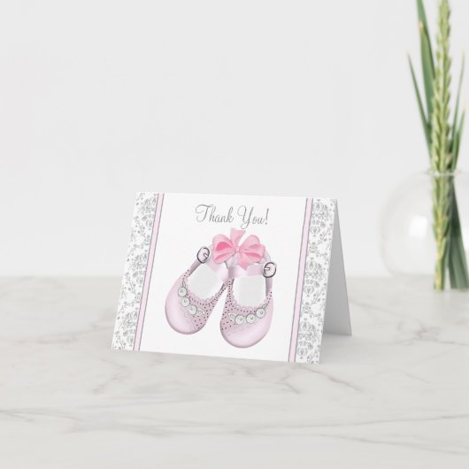 Roze en grijs Damask Baby shower Dank u Kaarten (Voorkant)