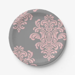 Roze en grijs damast patroon papieren bordje