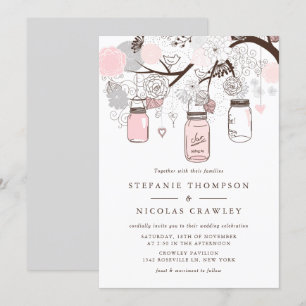 Roze en Grijs Hanging Mason Jars Wedding Kaart
