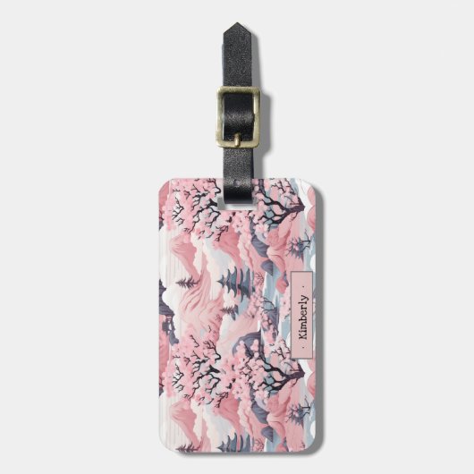 Roze en Grijs Japans Landschap Bagagelabel (Voorkant verticaal)