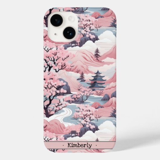 Roze en Grijs Japans landschap iPhone Case (Achterkant)