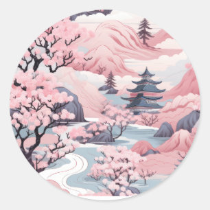 Roze en Grijs Japans landschap Sticker