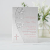 Roze en grijs kruis eerste communie kaart (Staand voorkant)