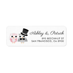 Roze en grijs   Kute Owl Bride en Groom Wedding Etiket