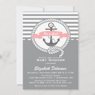 Roze en Grijs Nautisch Baby shower Invitation Kaart