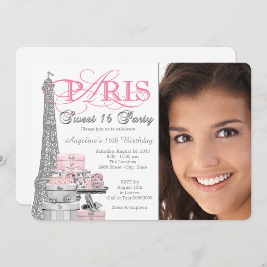 Roze en grijs Parijs Sweet 16 Verjaardagsfeest Kaart (Voorkant / Achterkant)