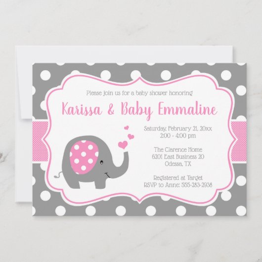 Roze en Grijs Polka Dot Olifant Baby shower Kaart (Voorkant)