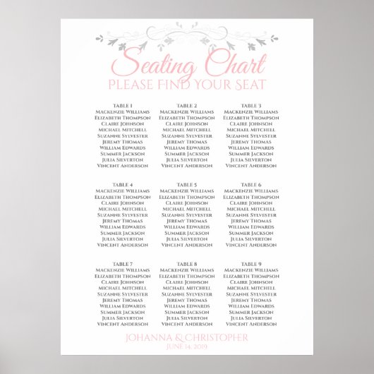 Roze en grijze 9-tafel-bruiloft poster (Voorkant)