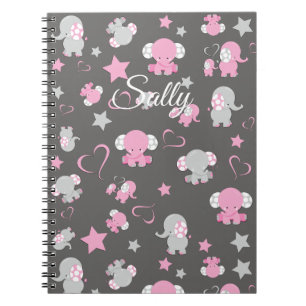 Roze en grijze Baby olifant patroon Print Notitieboek