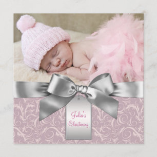 Roze en grijze babymeisje foto doopfeest kaart
