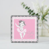 Roze en grijze ballerina verjaardagsfeestje uitnod kaart (Staand voorkant)
