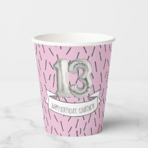 Roze en grijze ballonmeisjes 13e verjaardag Pa Papieren Bekers