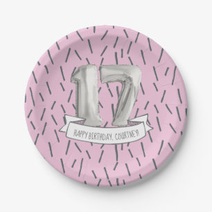 Roze en grijze ballonmeisjes 17e verjaardag papieren bordje