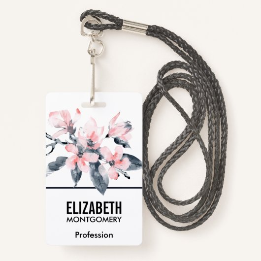 Roze en grijze bloemen Classy-Waterverf Badge (Voorkant met draagriem)