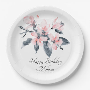 Roze en grijze bloemen Classy Waterverf Birthday Papieren Bordje