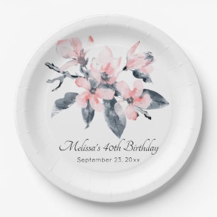 Roze en grijze bloemen Classy Waterverf Birthday Papieren Bordje