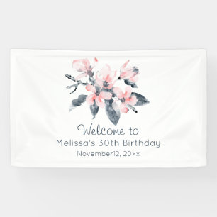 Roze en grijze bloemen Classy Waterverf Birthday Spandoek