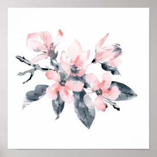 Roze en grijze bloemen Classy-Waterverf Poster